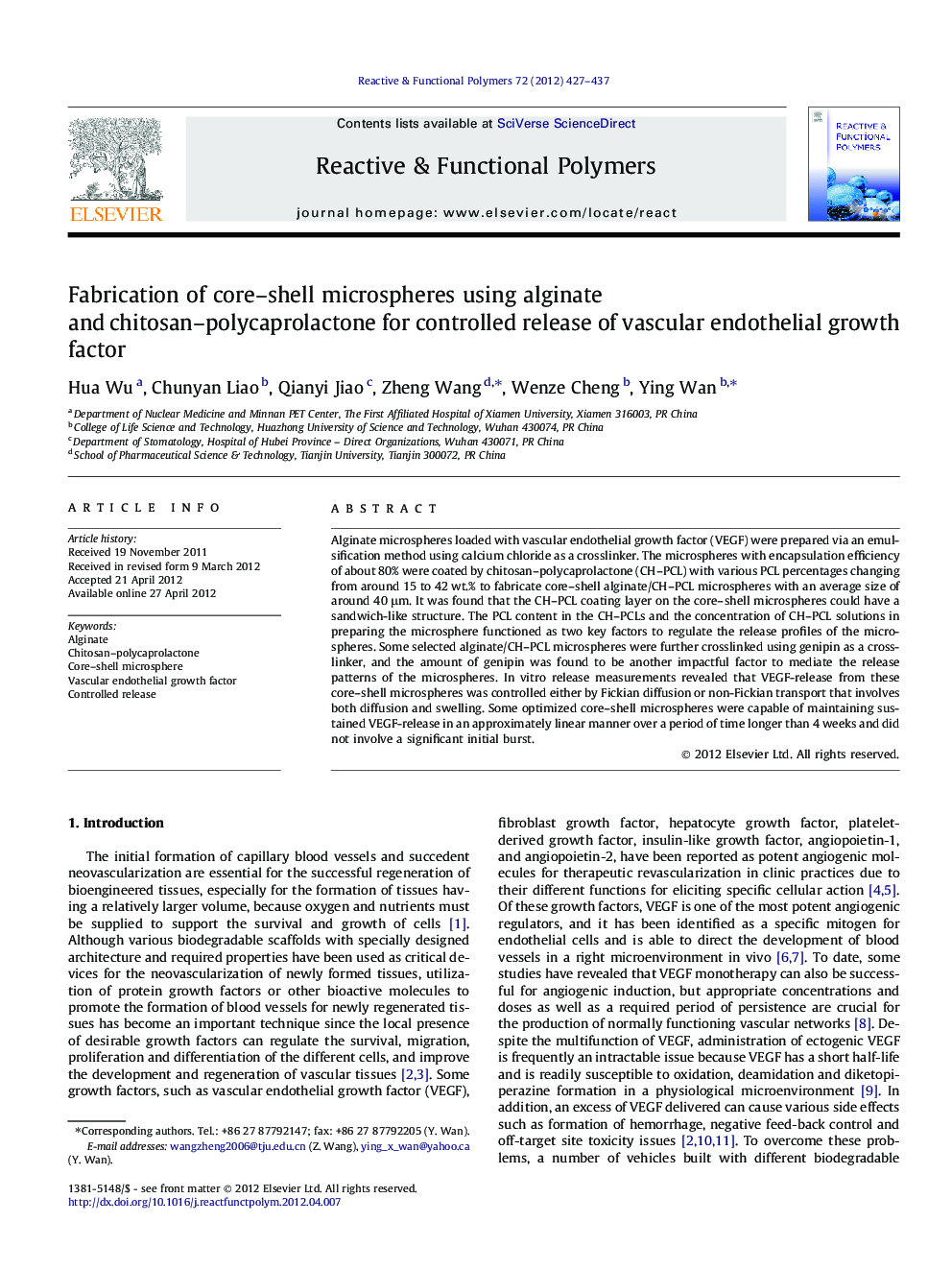 Fabrication of core-shell microspheres using alginate and chitosan-polycaprolactone for controlled release of vascular endothelial growth factor