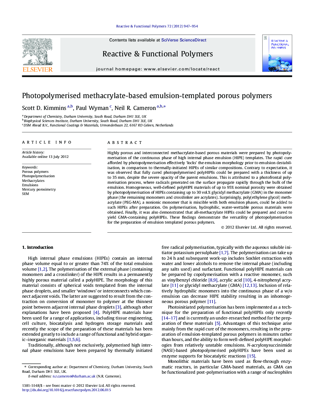 Photopolymerised methacrylate-based emulsion-templated porous polymers