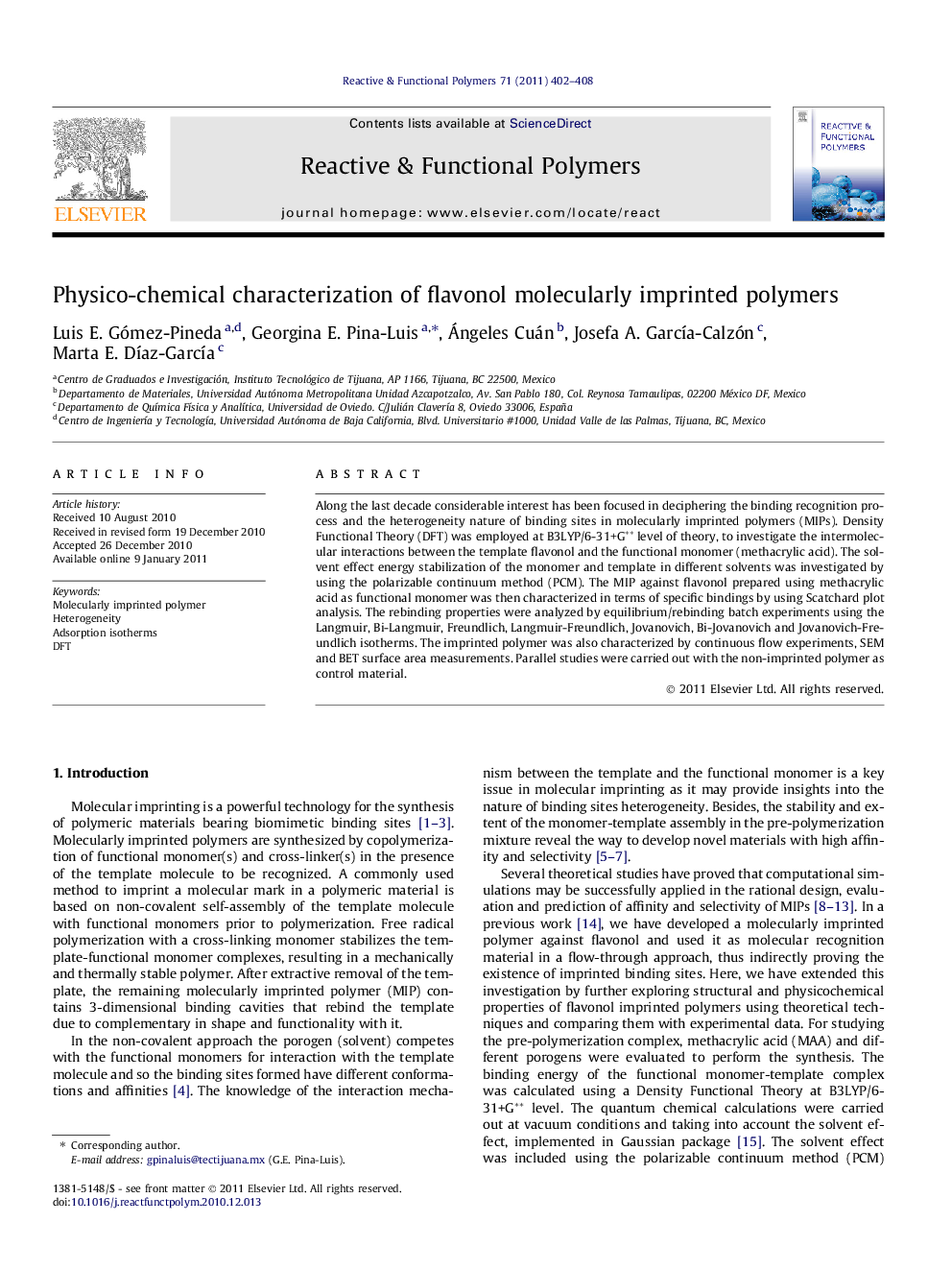 Physico-chemical characterization of flavonol molecularly imprinted polymers