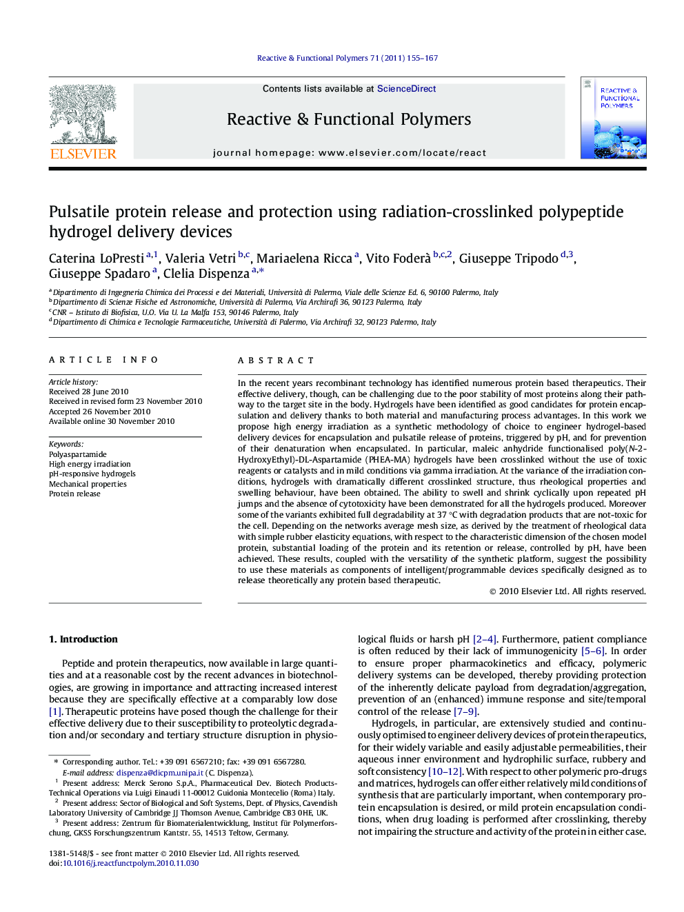 عکس صفحه اول مقاله: Pulsatile protein release and protection using radiation-crosslinked polypeptide hydrogel delivery devices Pulsatile protein release and protection using radiation-crosslinked polypeptide hydrogel delivery devices