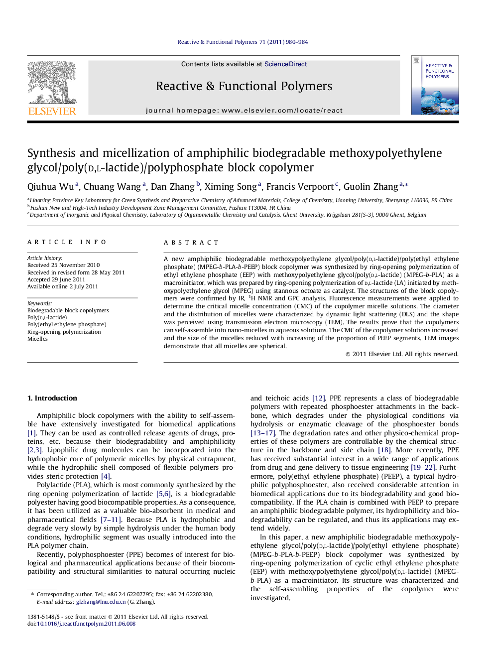 Synthesis and micellization of amphiphilic biodegradable methoxypolyethylene glycol/poly(d,l-lactide)/polyphosphate block copolymer