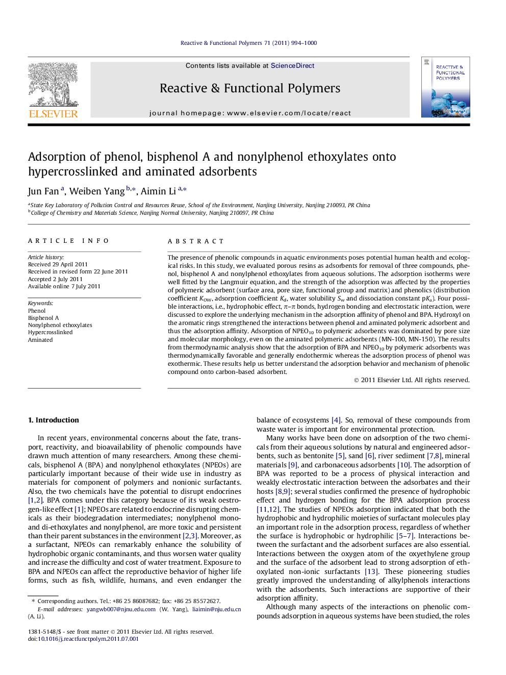 عکس صفحه اول مقاله: Adsorption of phenol, bisphenol A and nonylphenol ethoxylates onto hypercrosslinked and aminated adsorbents Adsorption of phenol, bisphenol A and nonylphenol ethoxylates onto hypercrosslinked and aminated adsorbents