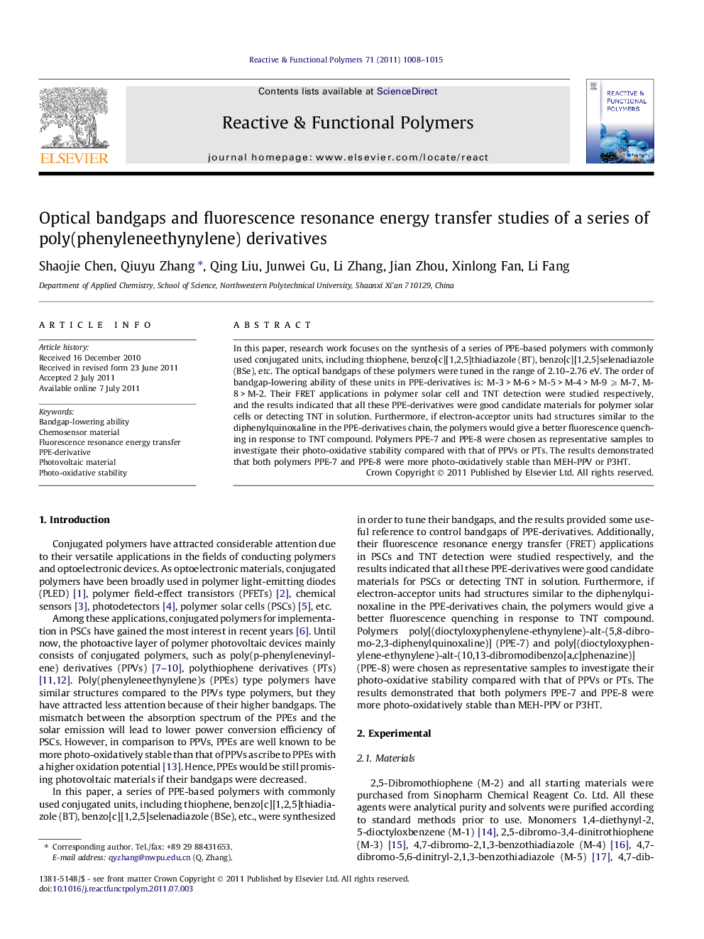 Optical bandgaps and fluorescence resonance energy transfer studies of a series of poly(phenyleneethynylene) derivatives