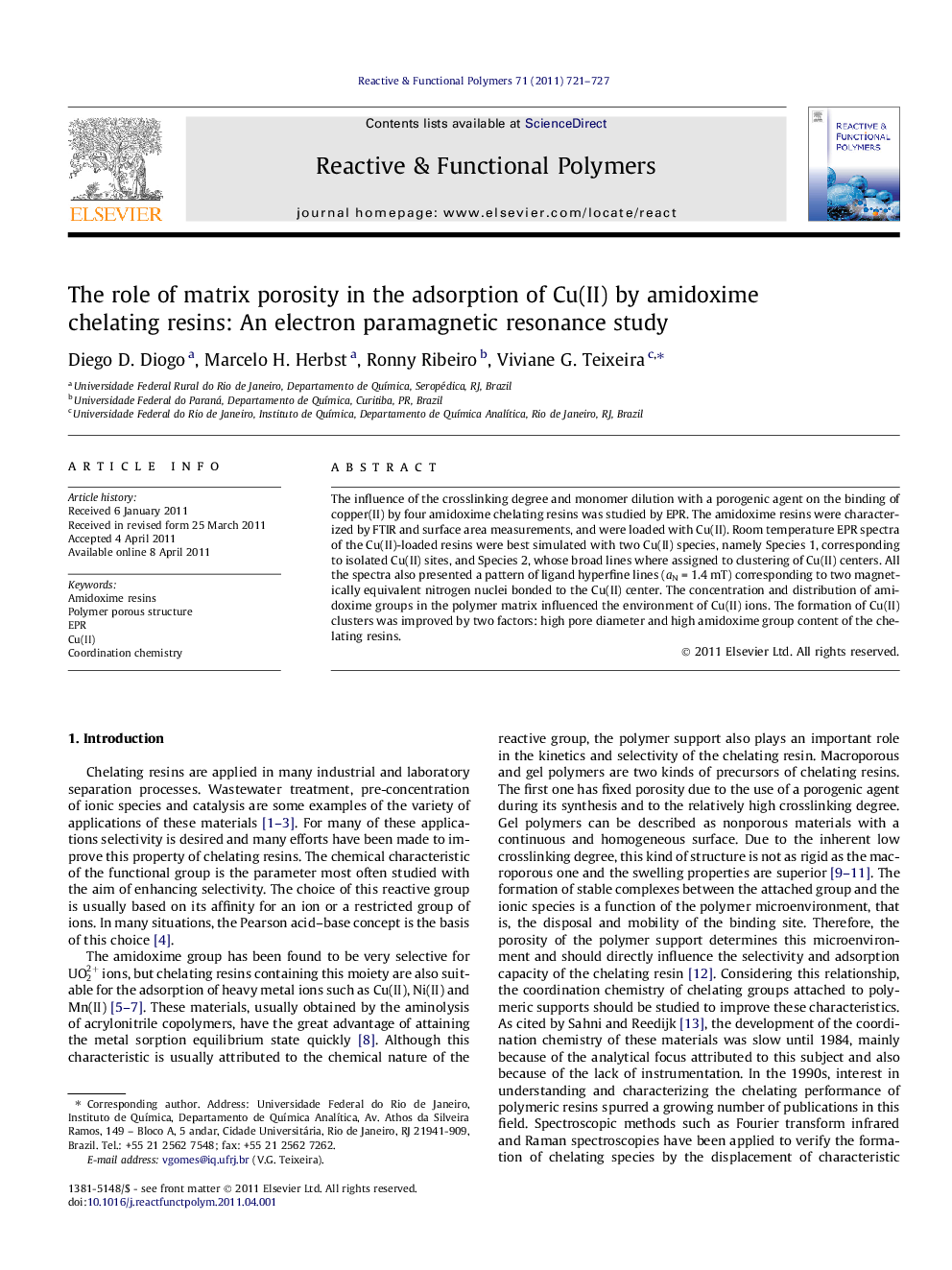 The role of matrix porosity in the adsorption of Cu(II) by amidoxime chelating resins: An electron paramagnetic resonance study