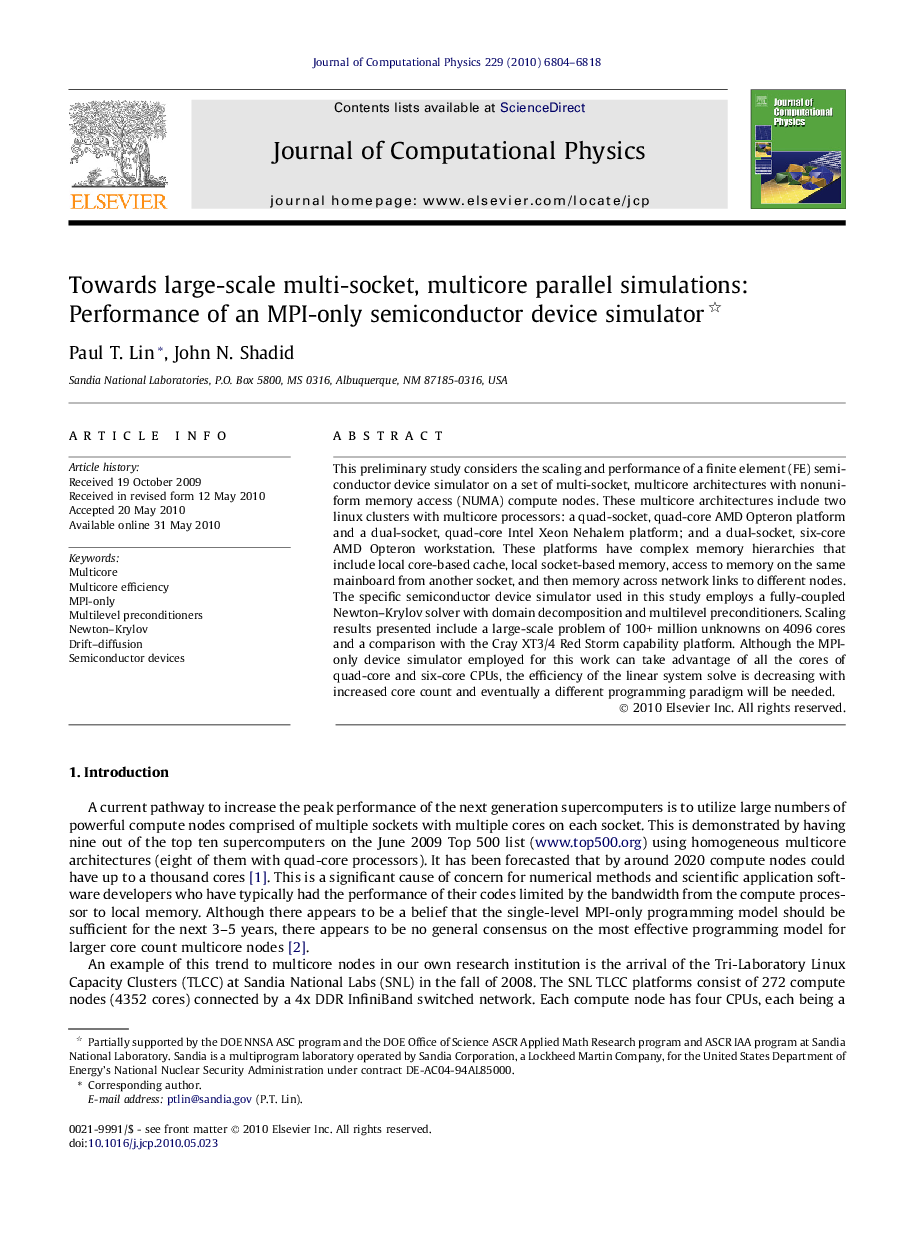 Towards large-scale multi-socket, multicore parallel simulations: Performance of an MPI-only semiconductor device simulator 