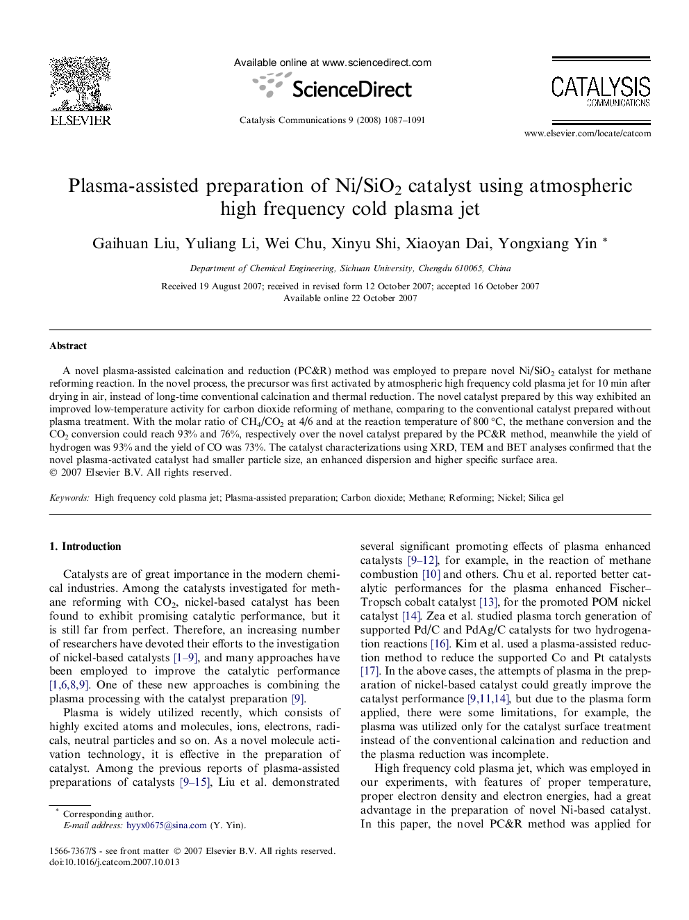 Plasma-assisted preparation of Ni/SiO2 catalyst using atmospheric high frequency cold plasma jet