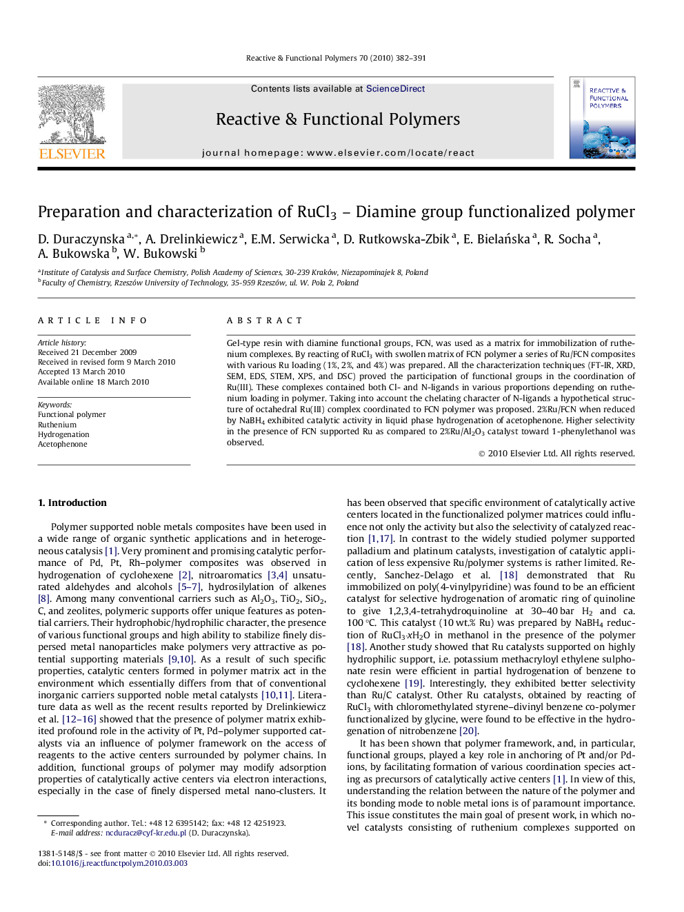 Preparation and characterization of RuCl3 - Diamine group functionalized polymer