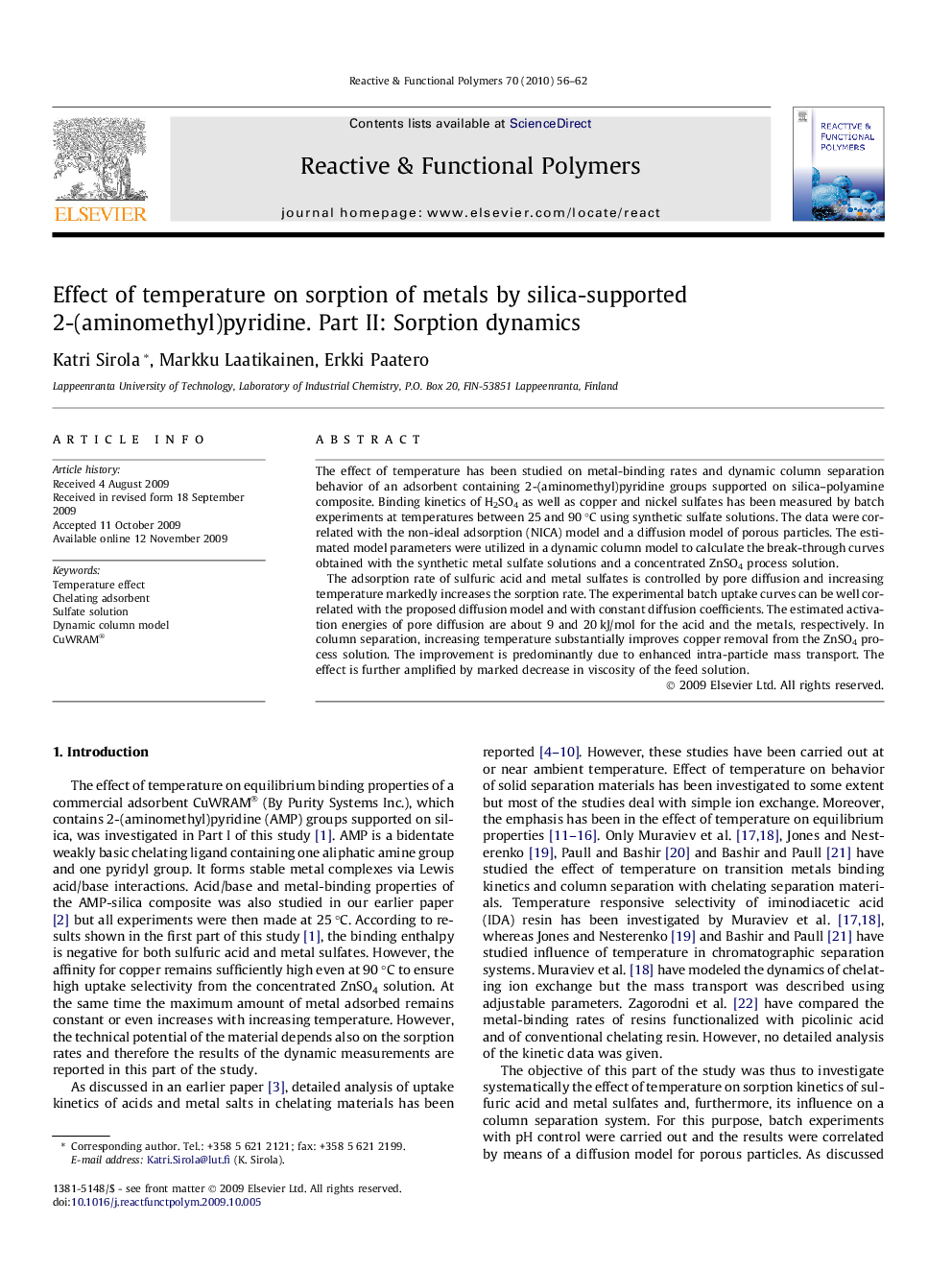 Effect of temperature on sorption of metals by silica-supported 2-(aminomethyl)pyridine. Part II: Sorption dynamics