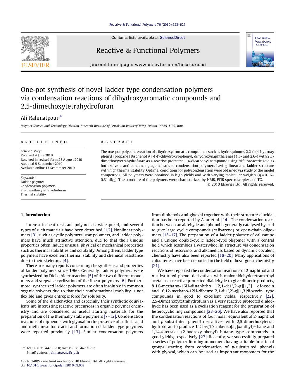 One-pot synthesis of novel ladder type condensation polymers via condensation reactions of dihydroxyaromatic compounds and 2,5-dimethoxytetrahydrofuran