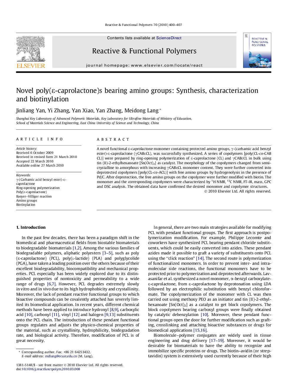 Novel poly(Îµ-caprolactone)s bearing amino groups: Synthesis, characterization and biotinylation