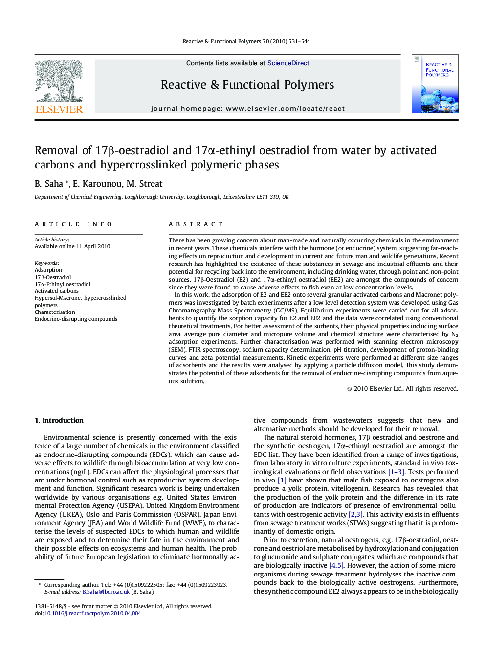 Removal of 17Î²-oestradiol and 17Î±-ethinyl oestradiol from water by activated carbons and hypercrosslinked polymeric phases