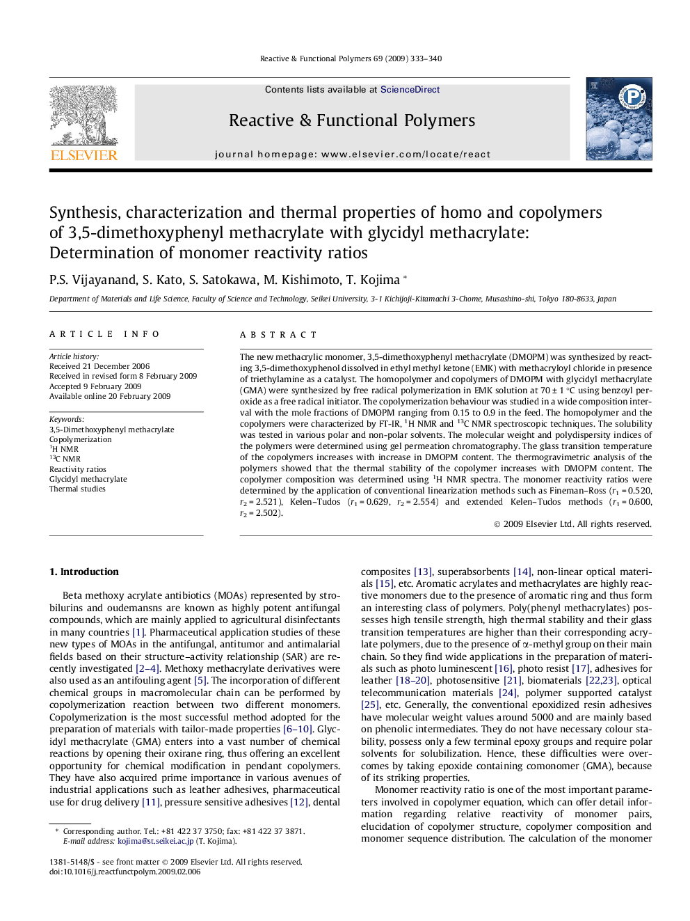 Synthesis, characterization and thermal properties of homo and copolymers of 3,5-dimethoxyphenyl methacrylate with glycidyl methacrylate: Determination of monomer reactivity ratios