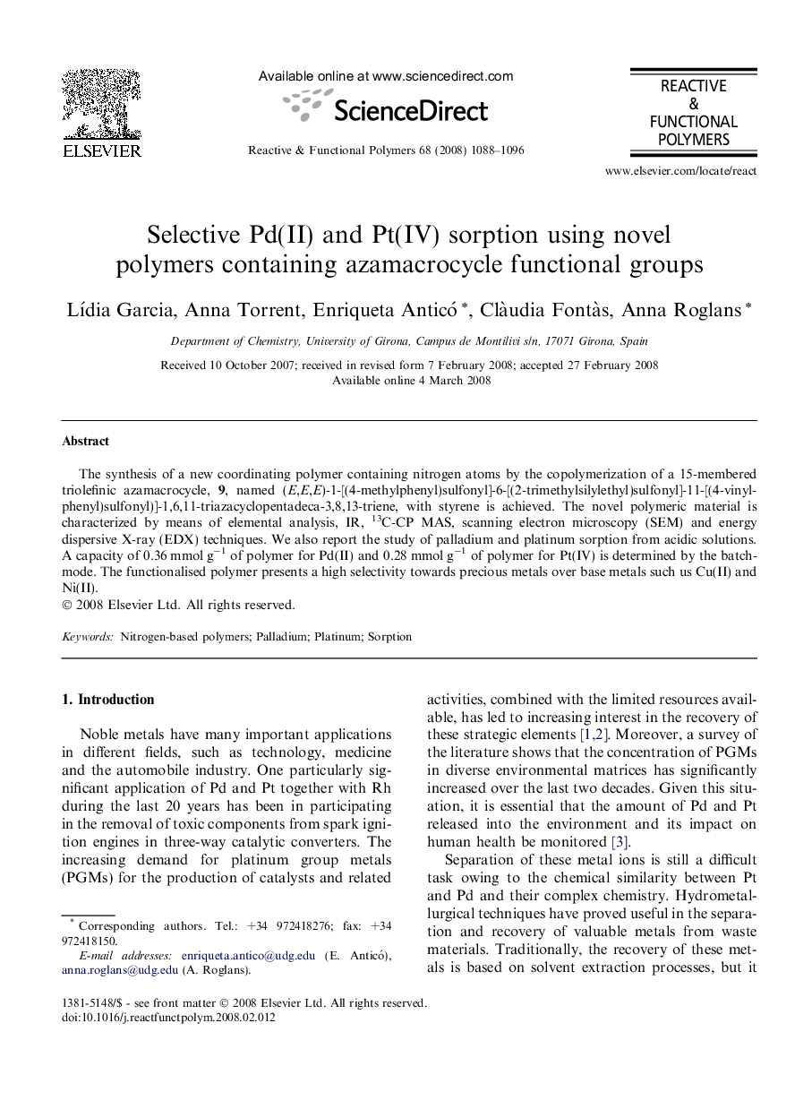 Selective Pd(II) and Pt(IV) sorption using novel polymers containing azamacrocycle functional groups