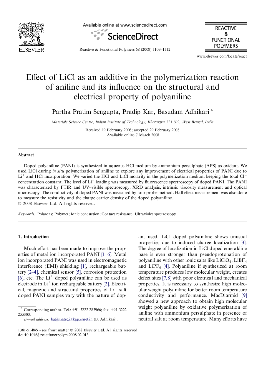 Effect of LiCl as an additive in the polymerization reaction of aniline and its influence on the structural and electrical property of polyaniline