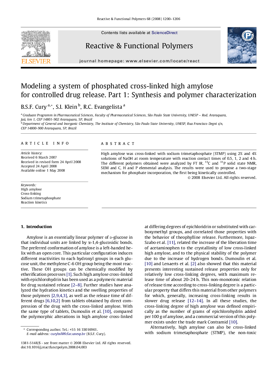 Modeling a system of phosphated cross-linked high amylose for controlled drug release. Part 1: Synthesis and polymer characterization