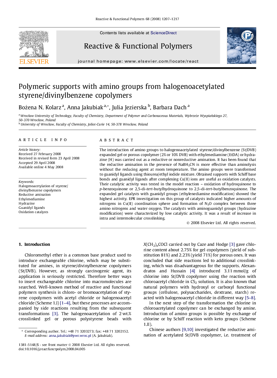 Polymeric supports with amino groups from halogenoacetylated styrene/divinylbenzene copolymers