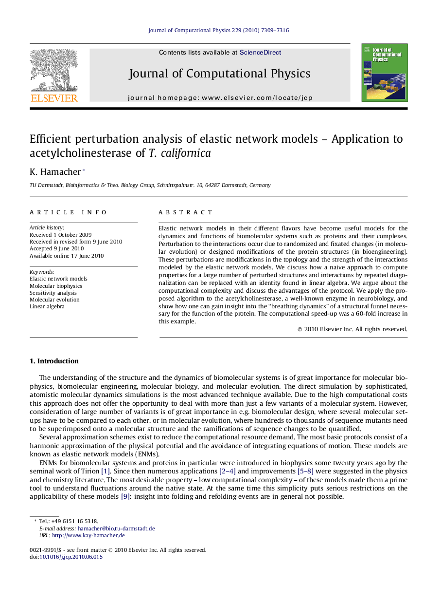 Efficient perturbation analysis of elastic network models – Application to acetylcholinesterase of T. californica