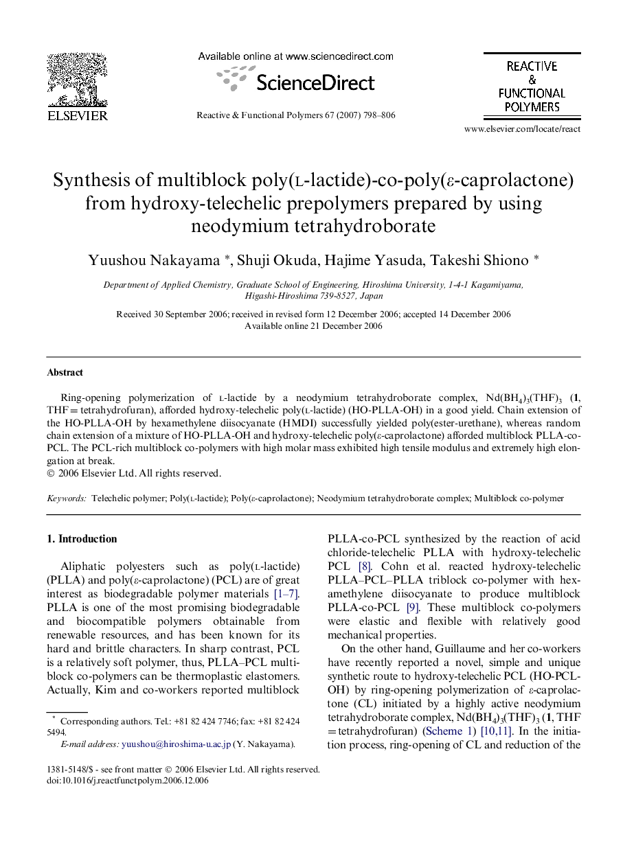 Synthesis of multiblock poly(l-lactide)-co-poly(Îµ-caprolactone) from hydroxy-telechelic prepolymers prepared by using neodymium tetrahydroborate