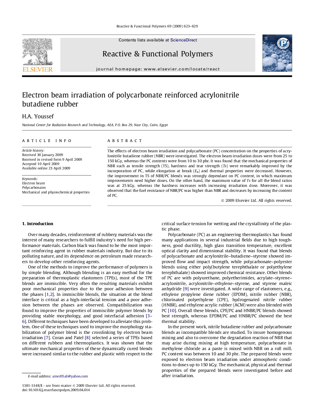 Electron beam irradiation of polycarbonate reinforced acrylonitrile butadiene rubber