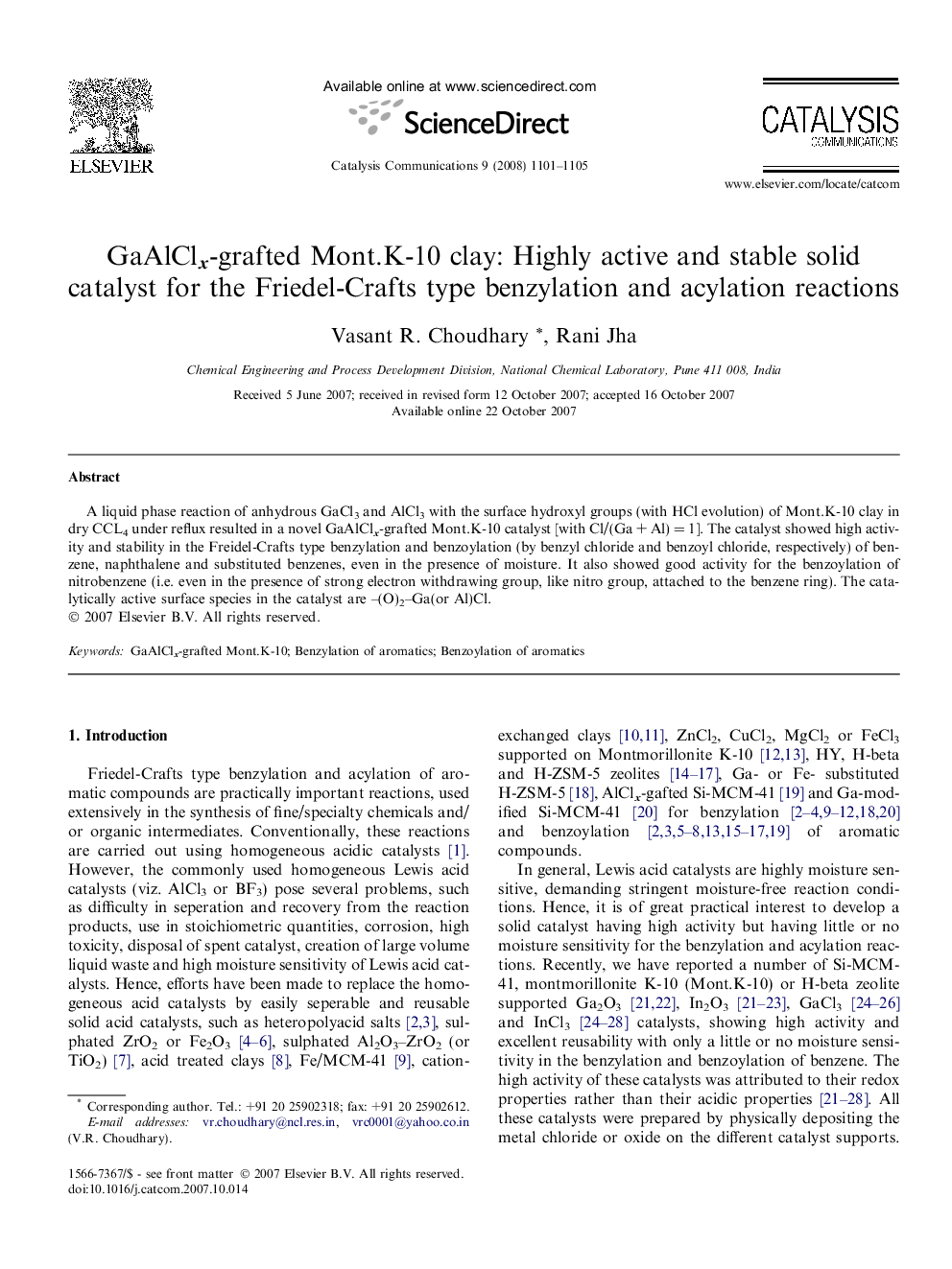 GaAlClx-grafted Mont.K-10 clay: Highly active and stable solid catalyst for the Friedel-Crafts type benzylation and acylation reactions