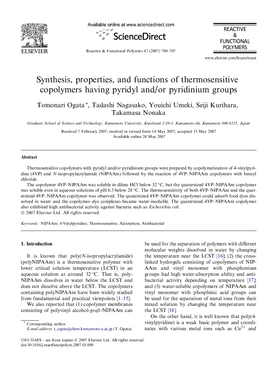 Synthesis, properties, and functions of thermosensitive copolymers having pyridyl and/or pyridinium groups