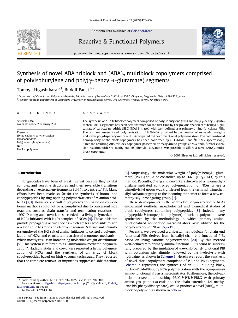 Synthesis of novel ABA triblock and (ABA)n multiblock copolymers comprised of polyisobutylene and poly(Î³-benzyl-l-glutamate) segments