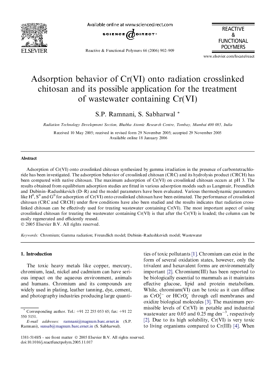 Adsorption behavior of Cr(VI) onto radiation crosslinked chitosan and its possible application for the treatment of wastewater containing Cr(VI)