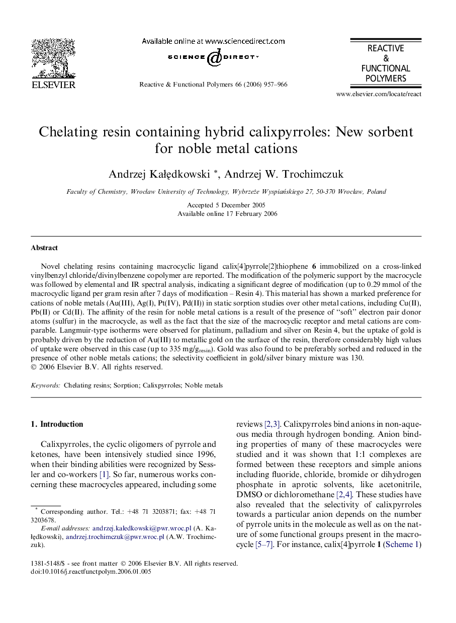 Chelating resin containing hybrid calixpyrroles: New sorbent for noble metal cations