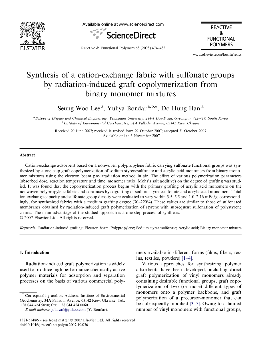 Synthesis of a cation-exchange fabric with sulfonate groups by radiation-induced graft copolymerization from binary monomer mixtures