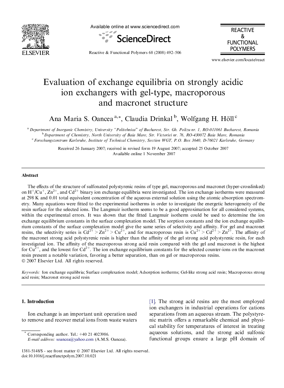 Evaluation of exchange equilibria on strongly acidic ion exchangers with gel-type, macroporous and macronet structure