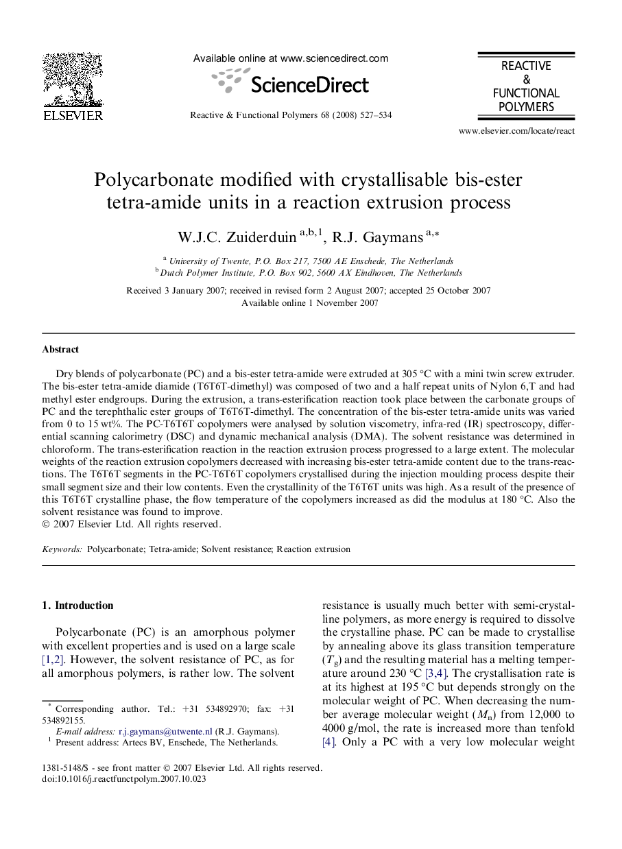 Polycarbonate modified with crystallisable bis-ester tetra-amide units in a reaction extrusion process