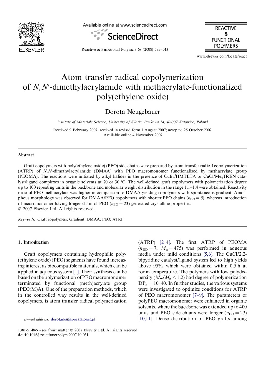 Atom transfer radical copolymerization of N,Nâ²-dimethylacrylamide with methacrylate-functionalized poly(ethylene oxide)