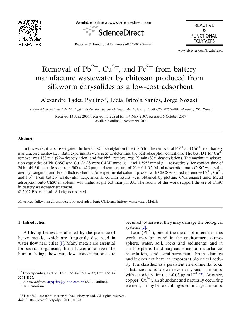 Removal of Pb2+, Cu2+, and Fe3+ from battery manufacture wastewater by chitosan produced from silkworm chrysalides as a low-cost adsorbent