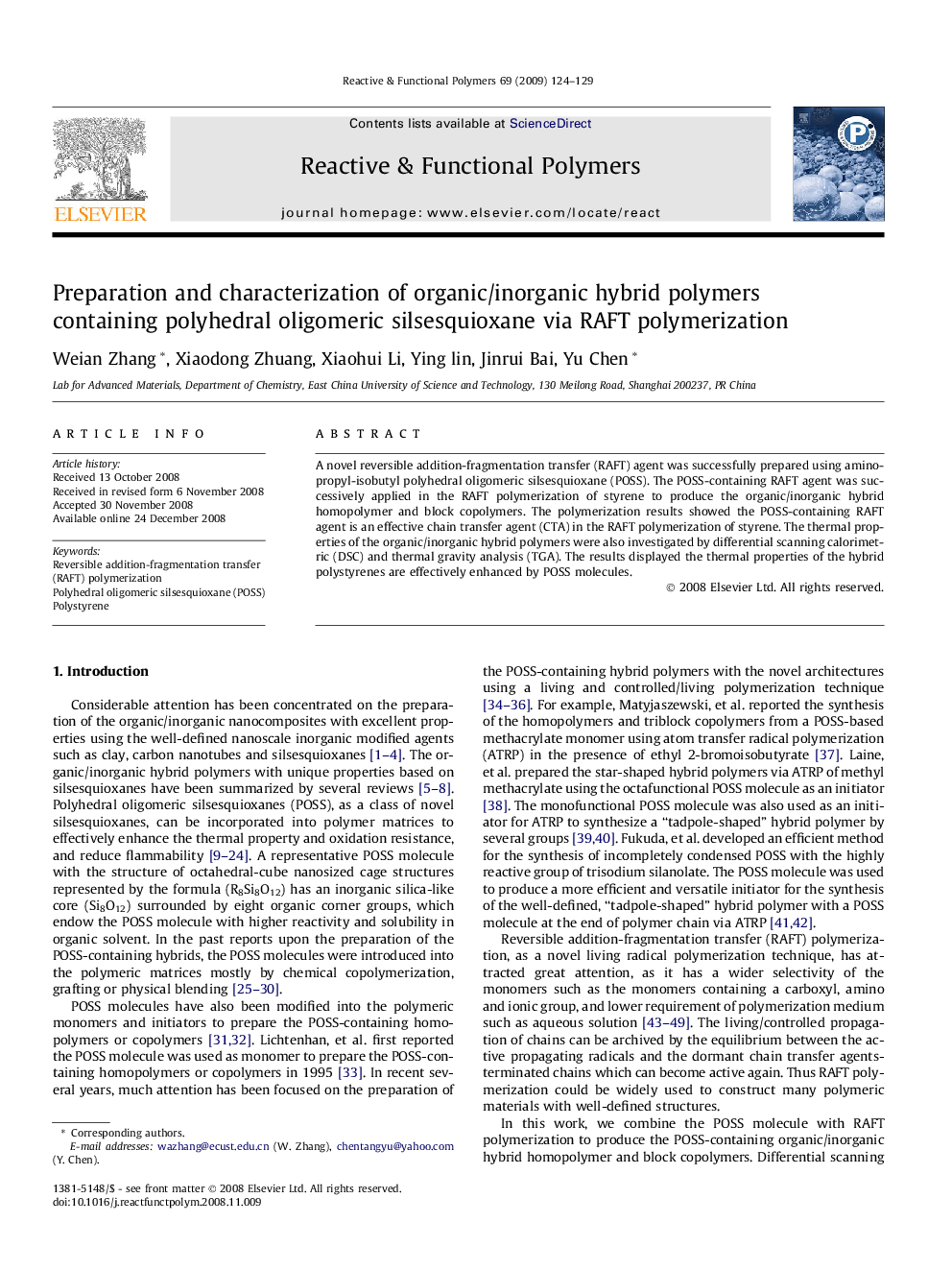 Preparation and characterization of organic/inorganic hybrid polymers containing polyhedral oligomeric silsesquioxane via RAFT polymerization