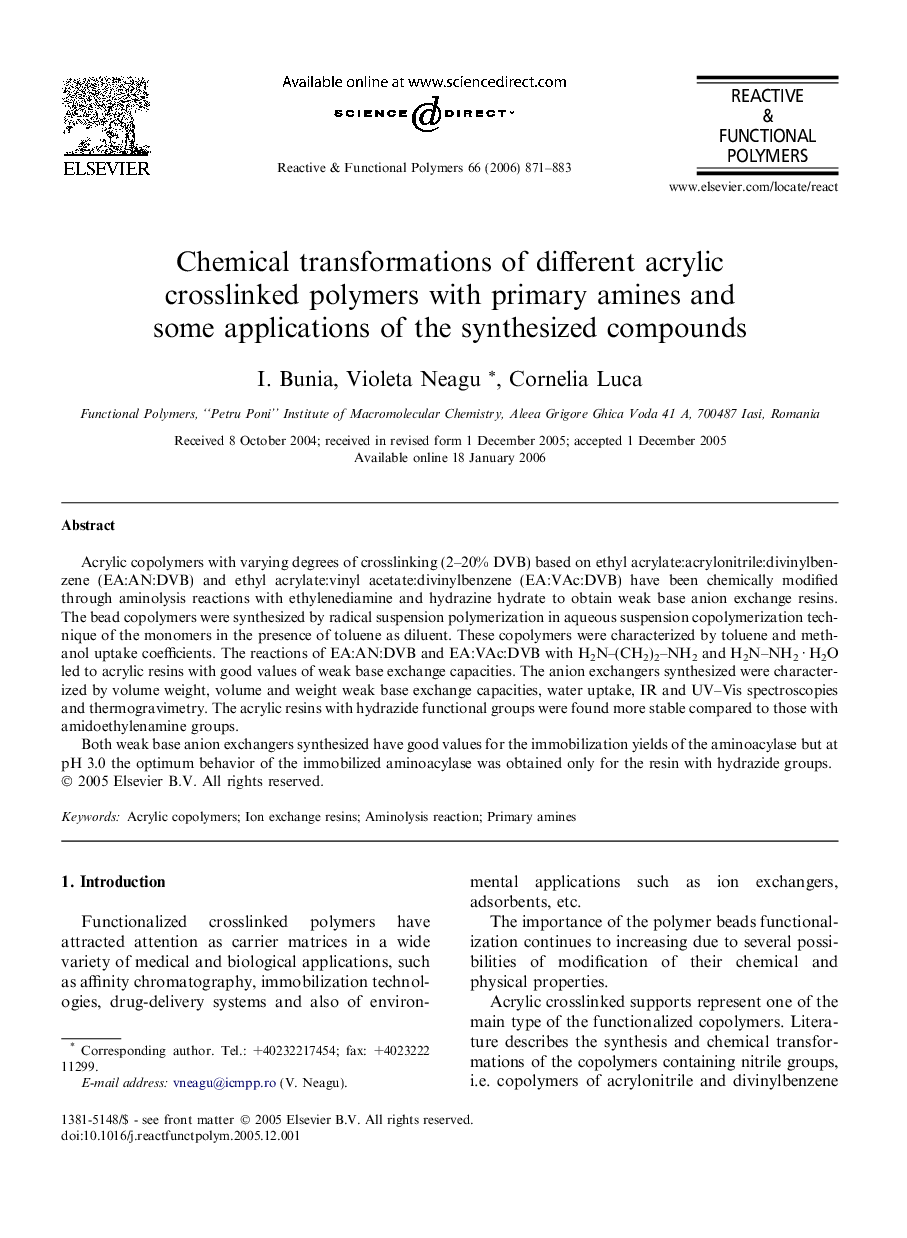 Chemical transformations of different acrylic crosslinked polymers with primary amines and some applications of the synthesized compounds