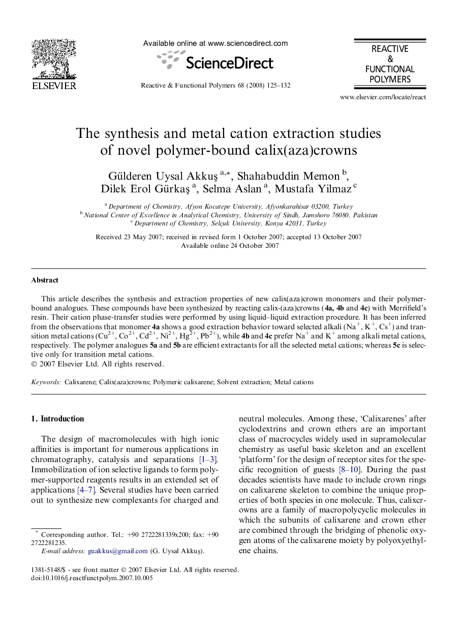 عکس صفحه اول مقاله: The synthesis and metal cation extraction studies of novel polymer-bound calix(aza)crowns The synthesis and metal cation extraction studies of novel polymer-bound calix(aza)crowns