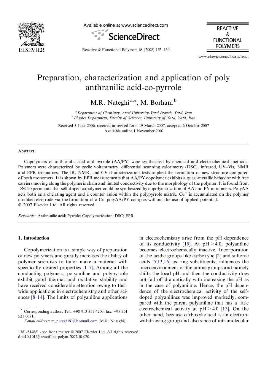 Preparation, characterization and application of poly anthranilic acid-co-pyrrole