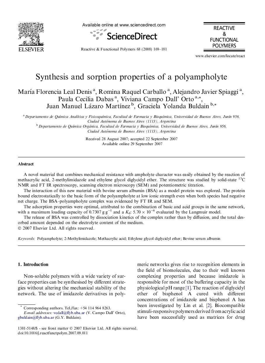 Synthesis and sorption properties of a polyampholyte