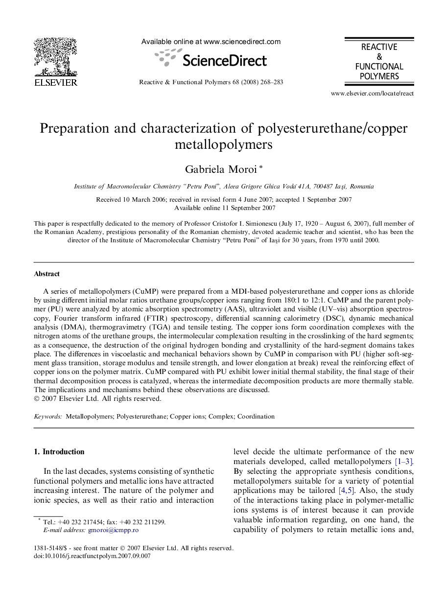 Preparation and characterization of polyesterurethane/copper metallopolymers