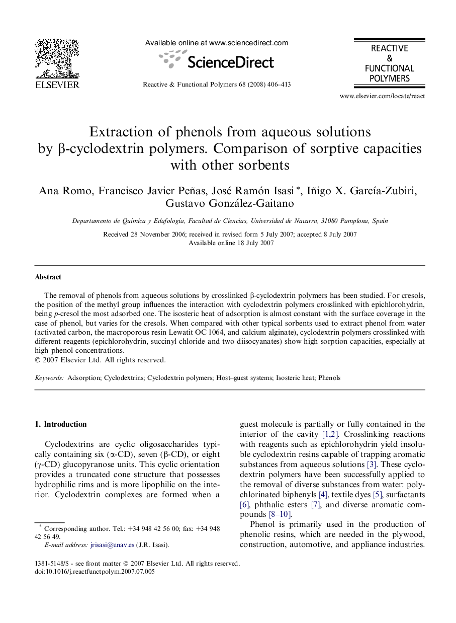 Extraction of phenols from aqueous solutions by Î²-cyclodextrin polymers. Comparison of sorptive capacities with other sorbents