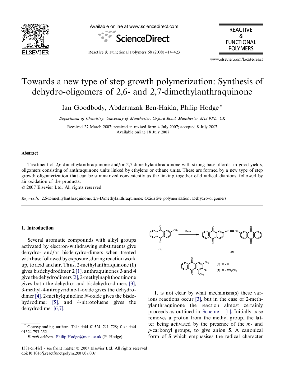 Towards a new type of step growth polymerization: Synthesis of dehydro-oligomers of 2,6- and 2,7-dimethylanthraquinone