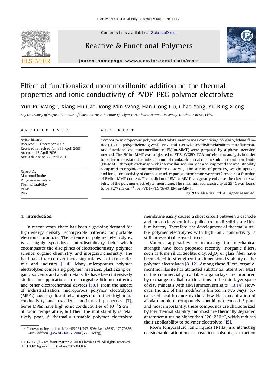 Effect of functionalized montmorillonite addition on the thermal properties and ionic conductivity of PVDF-PEG polymer electrolyte