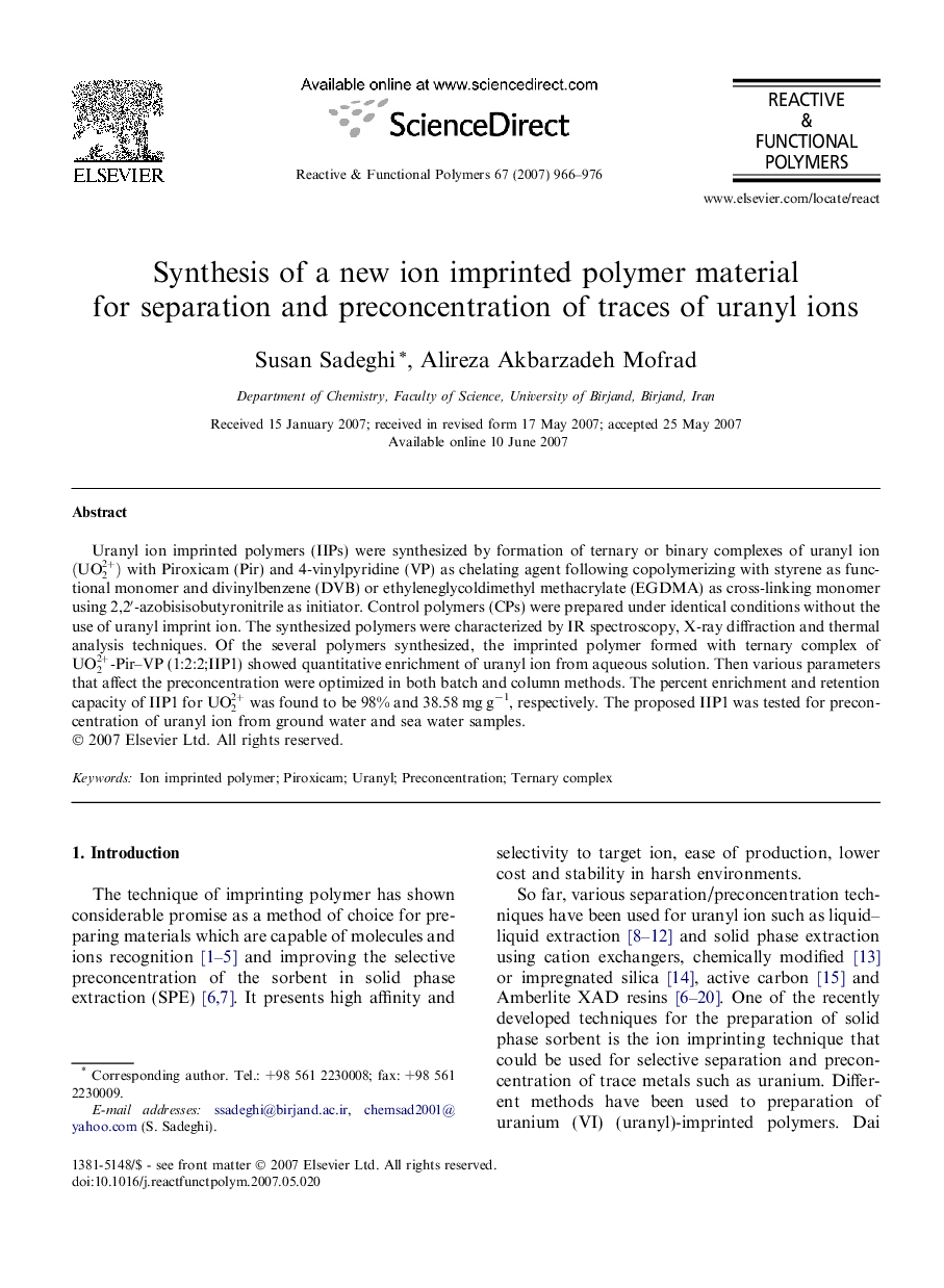 Synthesis of a new ion imprinted polymer material for separation and preconcentration of traces of uranyl ions