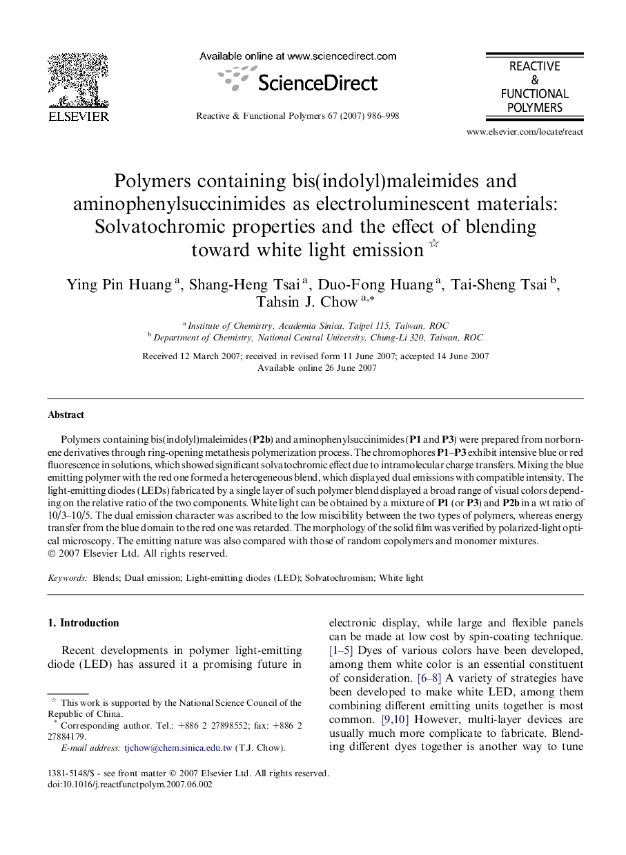 Polymers containing bis(indolyl)maleimides and aminophenylsuccinimides as electroluminescent materials: Solvatochromic properties and the effect of blending toward white light emission