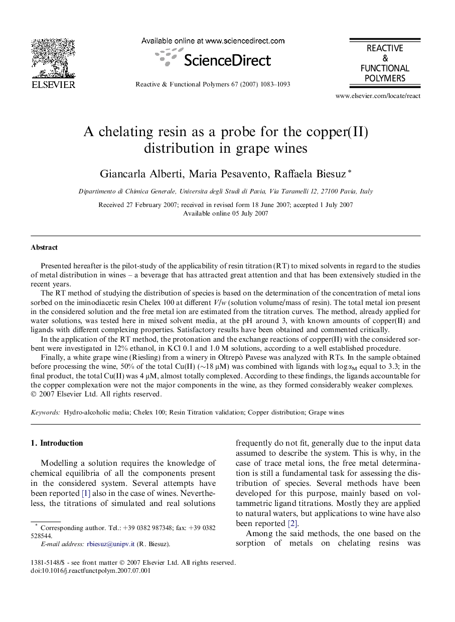 A chelating resin as a probe for the copper(II) distribution in grape wines