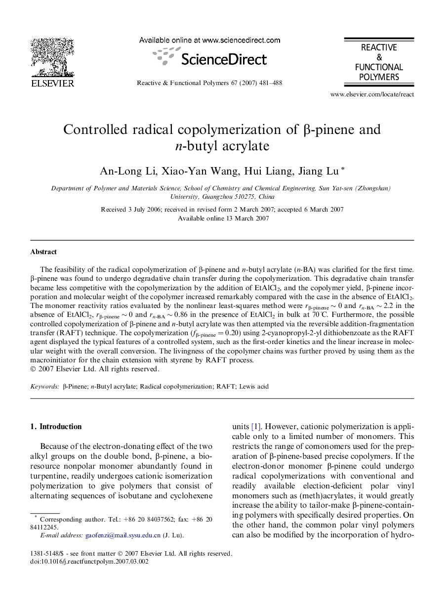 Controlled radical copolymerization of Î²-pinene and n-butyl acrylate
