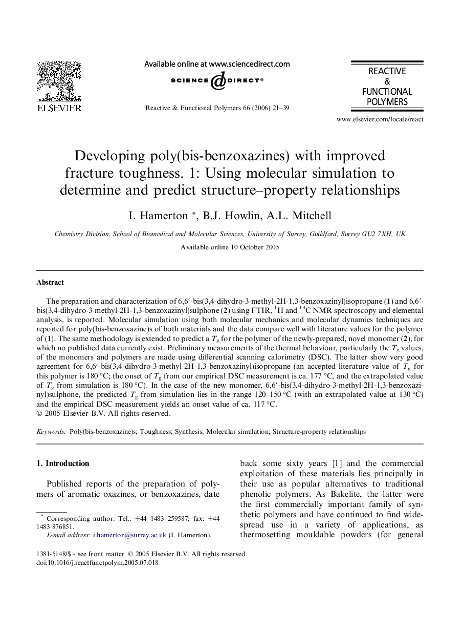 Developing poly(bis-benzoxazines) with improved fracture toughness. 1: Using molecular simulation to determine and predict structure-property relationships