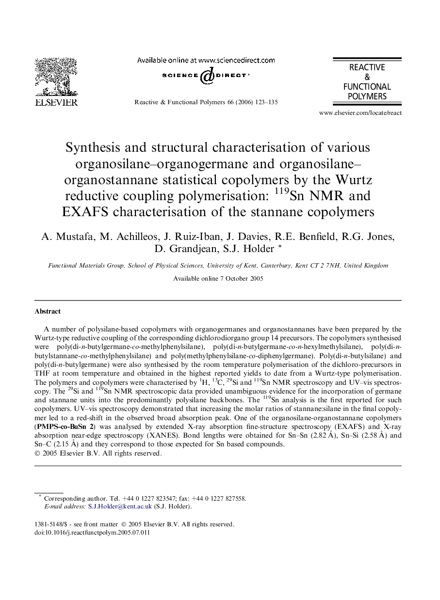 Synthesis and structural characterisation of various organosilane-organogermane and organosilane-organostannane statistical copolymers by the Wurtz reductive coupling polymerisation: 119Sn NMR and EXAFS characterisation of the stannane copolymers