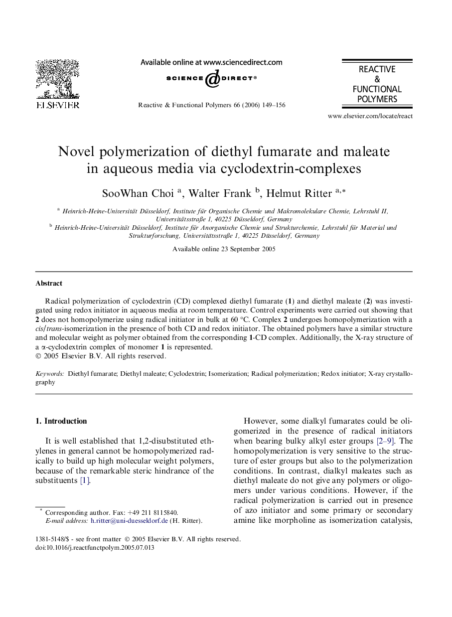 Novel polymerization of diethyl fumarate and maleate in aqueous media via cyclodextrin-complexes