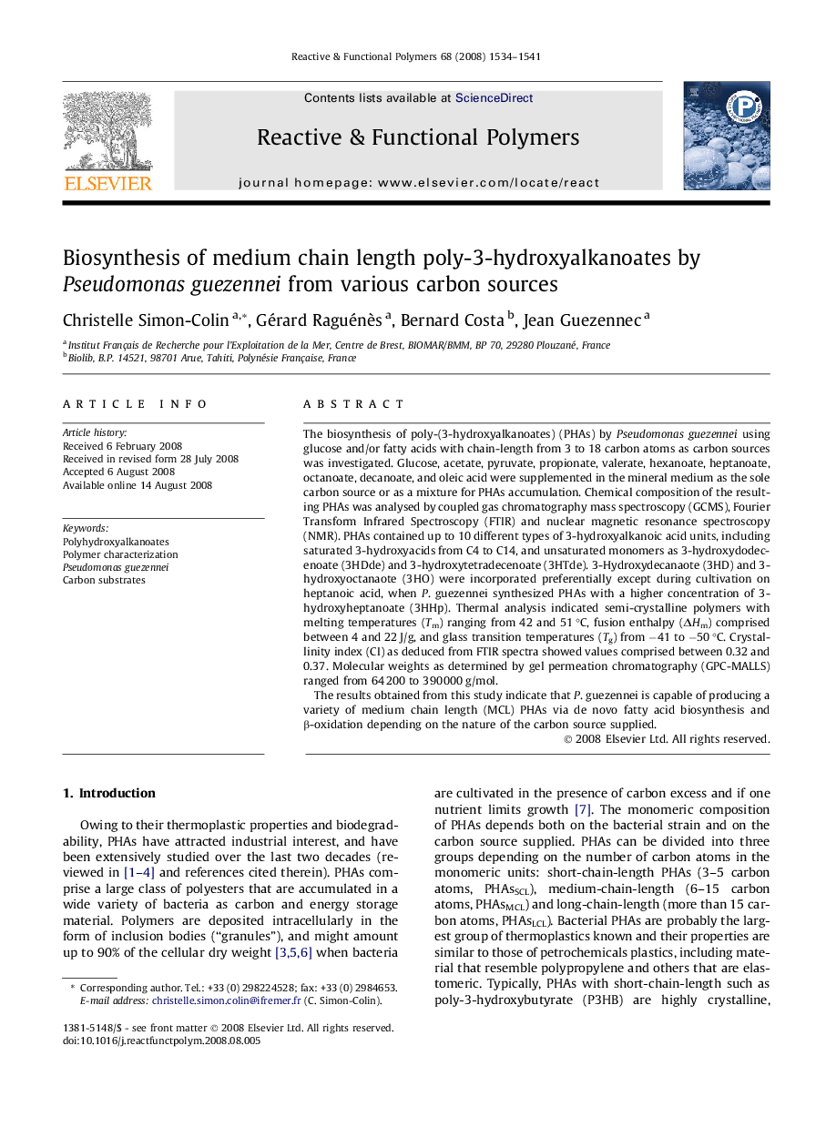 Biosynthesis of medium chain length poly-3-hydroxyalkanoates by Pseudomonas guezennei from various carbon sources